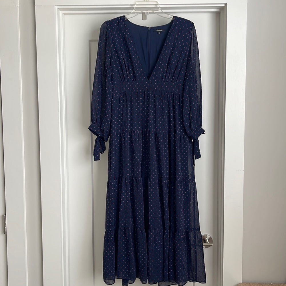 Madewell Deep V Neck Chiffon Midi Dress, Navy with Fuchsia Embroidered Dots